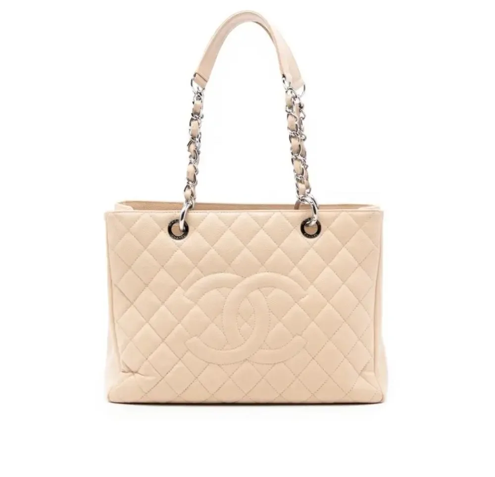 Chanel Grand Shopping Tote GST Beige Clair Caviar Leather Silver Hardware